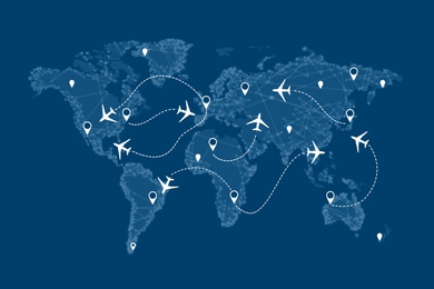 Flight routs map with airplanes on it, illustration 