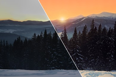 Photo before and after retouch, collage. Beautiful mountain landscape with forest on snowy hill in winter