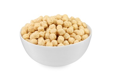 Bowl of sweet crispy corn balls on white background. Breakfast cereal