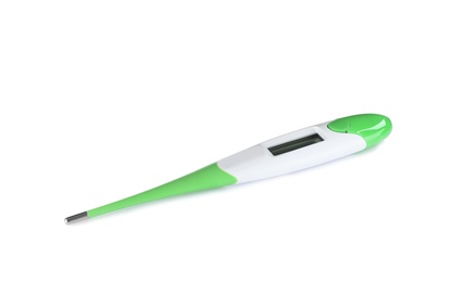 Photo of Digital thermometer on white background. Medical device