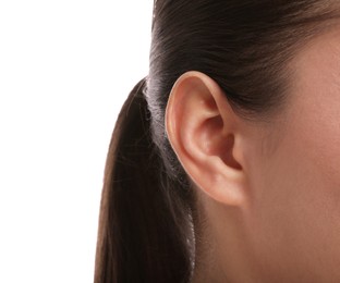 Woman on white background, closeup of ear