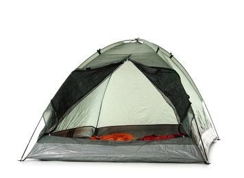 Comfortable grey camping tent with sleeping bags on white background