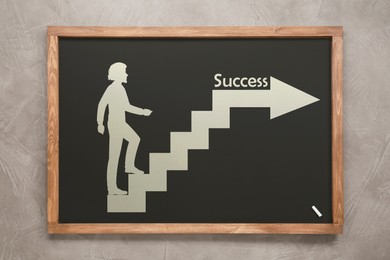 Person going up stairs drawn on chalkboard against grey background. Steps to success