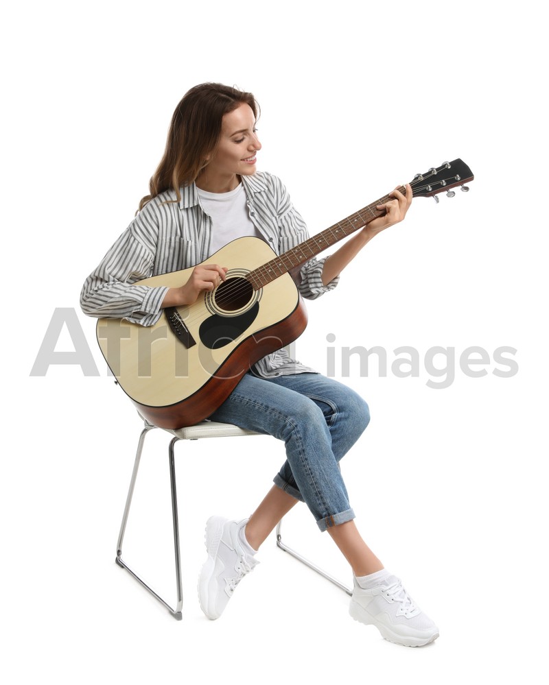Woman with guitar on white background. Music teacher