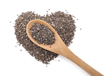 Photo of Heart made of chia seeds and wooden spoon on white background, top view