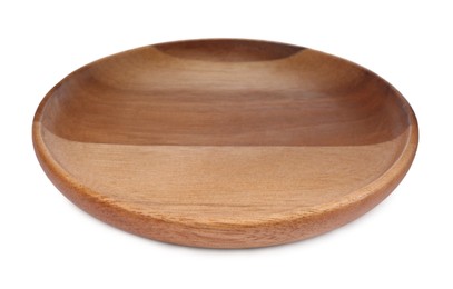 Photo of One new wooden plate on white background