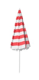 Closed red striped beach umbrella isolated on white