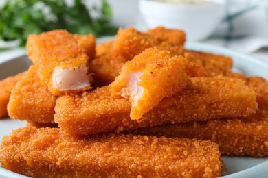 Fresh breaded fish fingers on plate, closeup