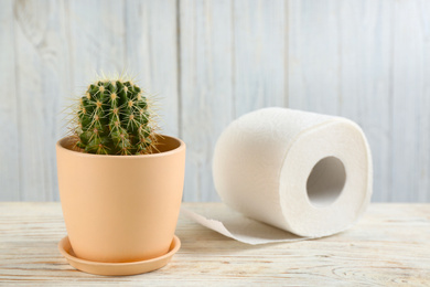 Cactus and roll of toilet paper on white wooden table. Hemorrhoid problems