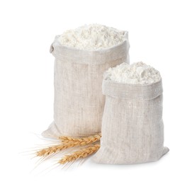 Sacks with flour and wheat spikes on white background