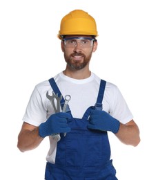 Professional builder in uniform with tools isolated on white