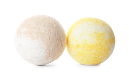 Photo of Bath bombs on white background. Spa products