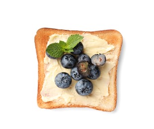 Tasty toast with butter, blueberry and mint isolated on white, top view
