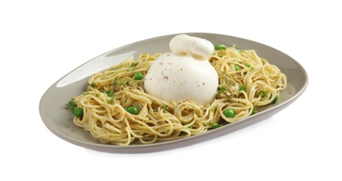 Photo of Delicious spaghetti with burrata cheese, peas and pesto sauce isolated on white