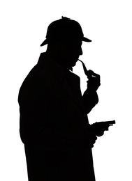 Photo of Silhouette of old fashioned detective with smoking pipe and revolver on white background