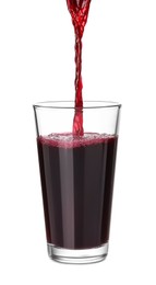 Photo of Pouring fresh juice into glass on white background