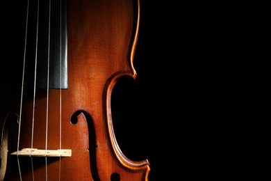 Classic violin on black background, closeup. Space for text