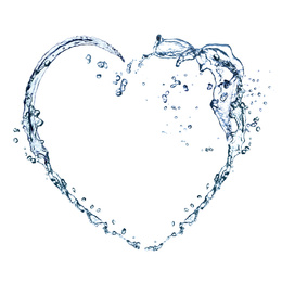 Image of Heart shaped frame made of water splashes on white background, space for text