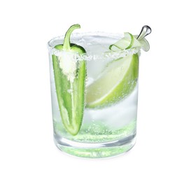 Spicy cocktail with jalapeno, cucumber and lime isolated on white