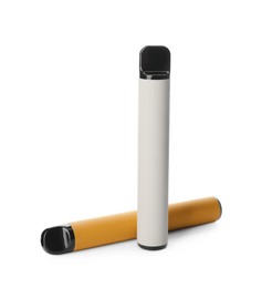 Two disposable electronic smoking devices on white background