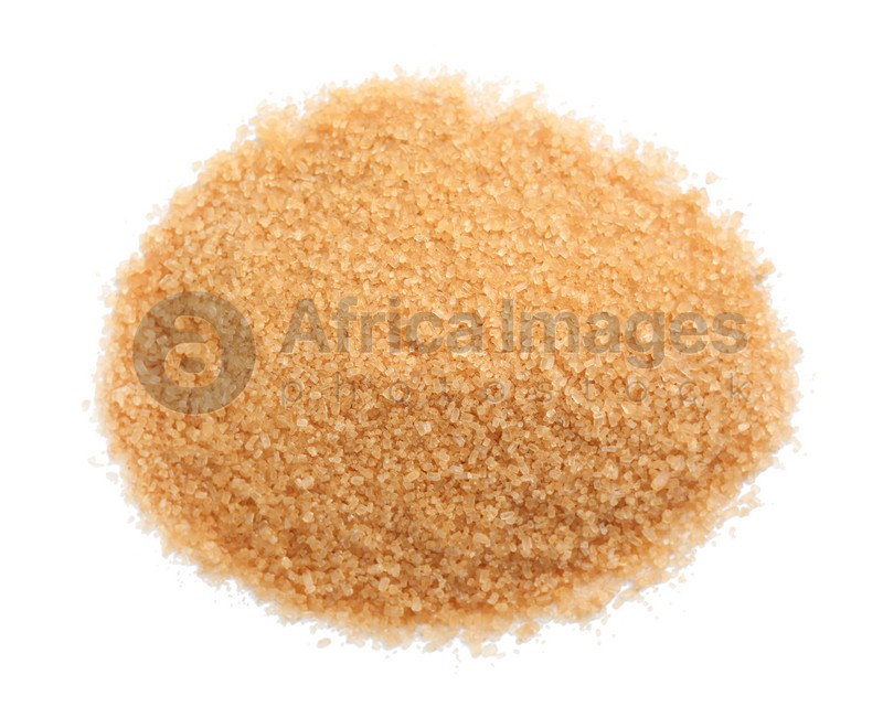Pile of brown sugar on white background, top view