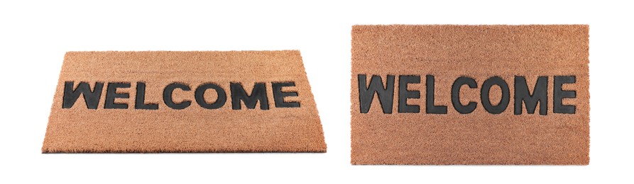 New door mats with word WELCOME on white background, collage. Banner design