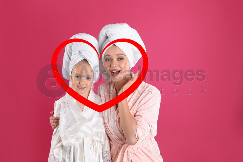 Illustration of red heart and mother with daughter with on pink background