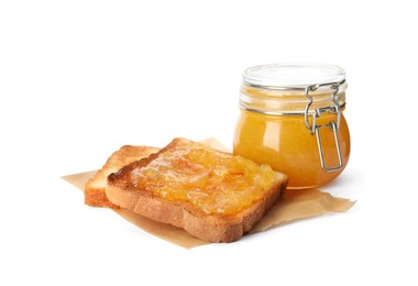 Delicious toasts and orange marmalade on white background