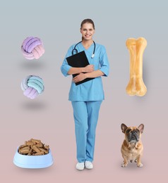 Collage with photos of veterinarian doc, dog, pet food and toys on color background