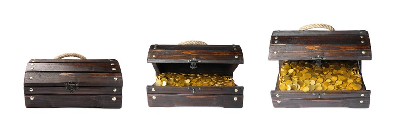 Set with treasure chests full of gold coins on white background. Banner design