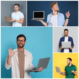 Collage with photos of men holding modern laptops on different color backgrounds