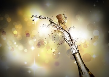 Sparkling wine splashing out of bottle on color background, bokeh effect