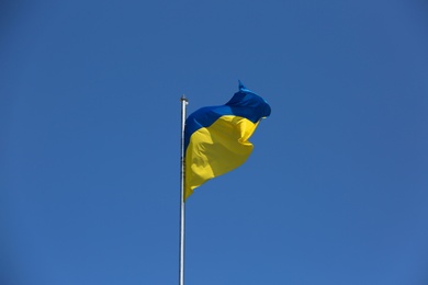 National flag of Ukraine fluttering against blue sky