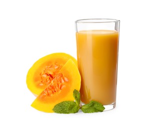 Photo of Glass of pumpkin juice and fresh vegetable with mint leaves on white background