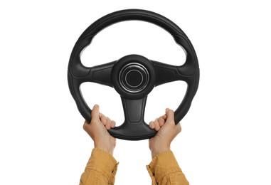 Woman with steering wheel on white background, closeup