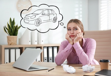 Young woman dreaming about new car in office