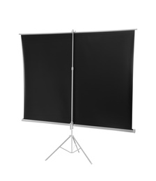 Tripod with projection screen isolated on white, back view