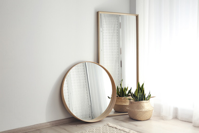 Mirrors and potted plant near window in light room