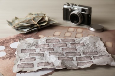 Papers with family tree templates, vintage camera and photos on light wooden table, closeup
