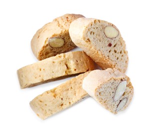 Slices of tasty cantucci on white background, top view. Traditional Italian almond biscuits