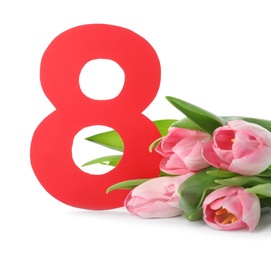 8 March card design with tulips on white background. International Women's Day