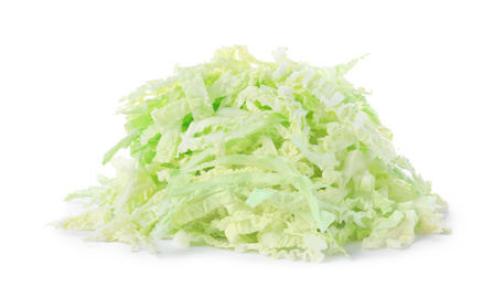 Photo of Pile of chopped savoy cabbage isolated on white