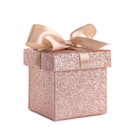 Shiny gift box with golden bow on white background
