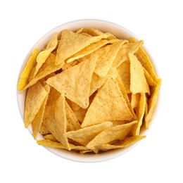 Photo of Bowl of tasty tortilla chips (nachos) on white background, top view