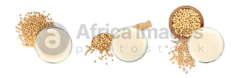 Set with natural soy milk and beans on white background, top view. Banner design
