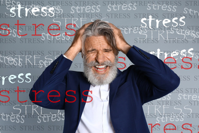 Man suffering from depression and words STRESS on grey background