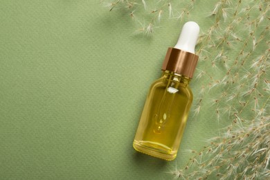 Bottle of face serum and dried flowers on light green background, flat lay. Space for text