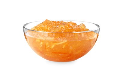 Delicious orange marmalade in bowl on white background
