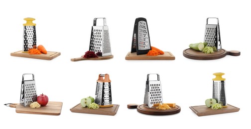 Set with stainless steel graters and fresh products on white background. Banner design