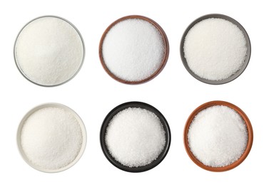 Set with granulated sugar on white background, top view